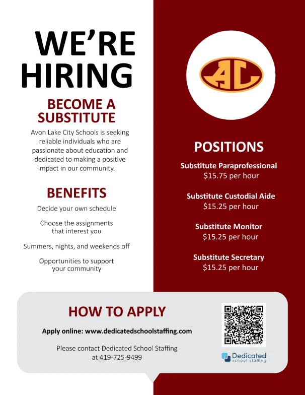Avon Lake City Schools is looking for reliable and dedicated substitutes to support our schools. Contact Rachel Wixey & Associates at 419-725-9499